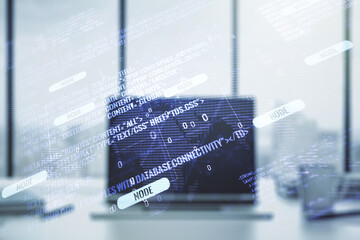 Multi exposure of abstract creative coding sketch with world map on modern laptop background, artificial intelligence and neural networks concept