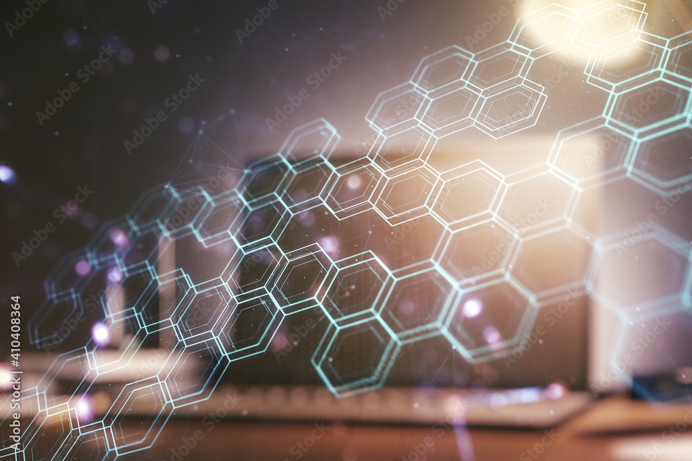 Poster double exposure of technology hologram with hexagon on laptop background. research and development s