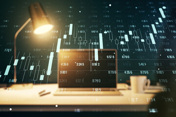Fototapeta premium Multi exposure of abstract graphic data spreadsheet sketch on modern computer background, analytics and analysis concept