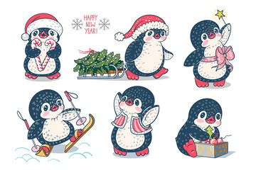 Winter illustration. Set of cute penguins