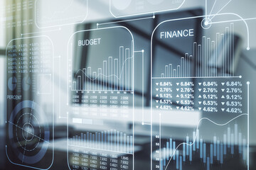 Abstract creative stats data concept on modern laptop background. Multiexposure