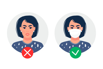 An image of a woman with and without a mask. No mask is allowed. Vector illustration. Cartoon style. Isolated on a white background.