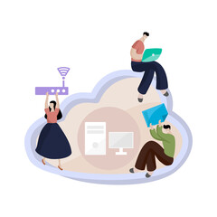 Cloud computing technology online working and communication via internet network concept illustration flat design vector