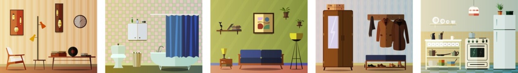 House interior in vector. Kitchen, living room, bedroom, bathroom. Made in one style, design template of retro style.