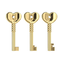 Set of gold keys in the shape of a heart. Valentine's Day. Love concept. 3d rendering.