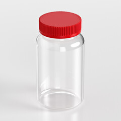 Mock-up of a plastic transparent jar with a red cap. Empty container. 3d rendering.