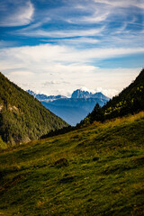Fanealm und Wilder See in Suedtirol, Italy, Mountain with blue sky 