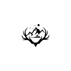 deer mountain logo with mountain on deer antlers. adventure community logo, outdoor apparel company logo, badge, sticker design