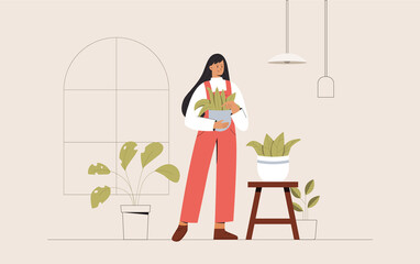 Young woman in cozy room holds pot with a plant in her hands. Concept of growing and caring house plants. Gardener takes care of the home garden. Vector illustration in a flat style.
