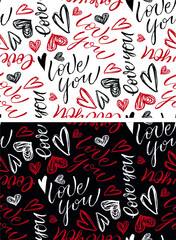 Fototapeta na wymiar Cute hand drawn doodle love pattern background with heart. Love you. Valentines Day - cute label art. T-shirt design