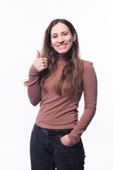 Portrait of happy young woman showing thumb up and smiling.