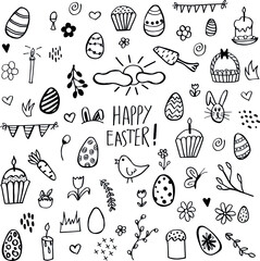 Drawn vector set Happy Easter, Easter eggs, cakes, rabbits, spring, love. A large set of vector doodles. Vector illustration of happy Easter.