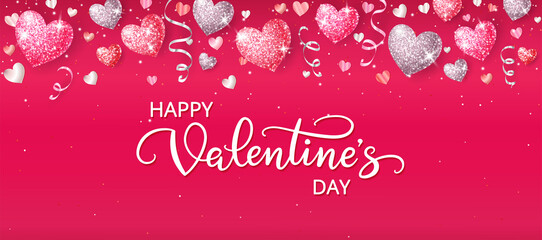 Happy Valentine's day banner. Glitter hearts decoration on red background. Confetti and ribbons. Hand drawn Valentine text. Great for greeting cards, party posters, invitations. Vector.