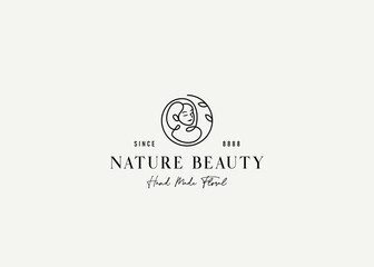 Floral Woman Logo Design Template. Beauty Woman Icon Line Art Vector