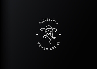 Floppy Hat Woman Logo Design Template. Woman Hat Icon Line Art Vector