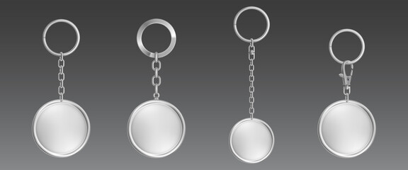 Silver keychain, holder trinket for key with metal chain and ring. Vector realistic template of steel fobs round circle shape isolated on transparent background. Blank accessory for corporate identity
