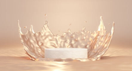 3D beige pedestal podium with liquid splash crown. 3d rendering cometic product mockup.