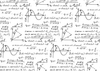 Vintage education background. Trigonometry law theory and mathematical formula equation on whiteboard. Vector hand-drawn seamless pattern. - obrazy, fototapety, plakaty