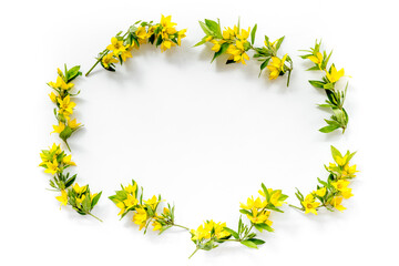 Happy Easter mockup - yellow flowers, flat lay, top view
