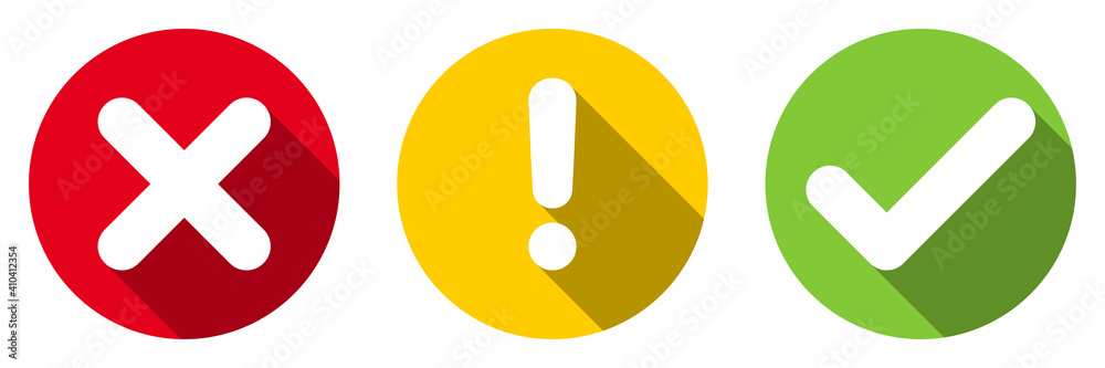 Poster set of flat round x mark, exclamation point, check mark icons, buttons with long shadow isolated on 