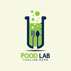 Food Lab logo vector icon illustration design template. lab logo.Lab test tube with spoon and fork.