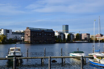 Panorama im Herbst an der Rummelsburger Bucht, Halbinsel Stralau, Berlin