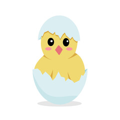 
Cute cartoon chick sitting in an eggshell. Vector illustration isolated on white background. Chicken icon