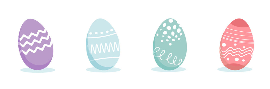 Set of Easter eggs in pastel colors with a white pattern. Vector illustration isolated on white background.
