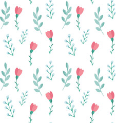 Seamless pattern with flowers and twigs, endless texture for seasonal spring or summer design. Vector hand drawn illustration. Cartoon style.