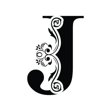 letter J. Black flower alphabet. Beautiful capital letters with shadow