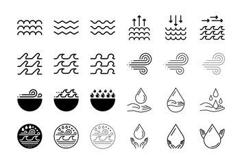 Set of 24 icon designs with the same and different line thickness, such as different sea waves, water wind, hand water, climate. Logo design, websites and designs.