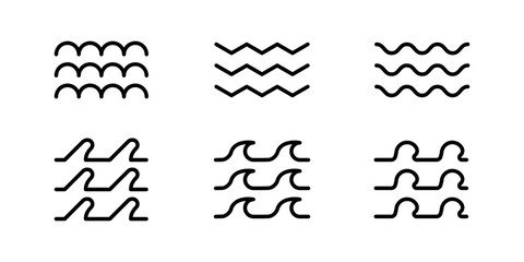 Different sea waves with the same line thickness. Logo design, websites and designs. Sea wave consists of factors such as wind. 6-piece set of modern sea icons.