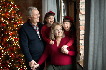 Sisters of the twins celebrate Christmas with their grandparents at the New Year tree. New Year and winter family holidays.