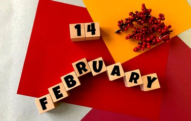 February 14 on a multi-colored background on wooden cubes.Near artificial red berries...