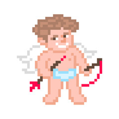 Naklejka premium Pixel art cupid with bow and arrow isolated on white background. Valentine's day 8 bit character. Boy angel. February 14 mascot. Old school vintage retro 80s-90s slot machine/ video game graphics.