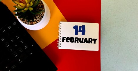 February 14 on a multicolored background on a white notebook.Next to it is an artificial flower in a pot .Calendar for February.