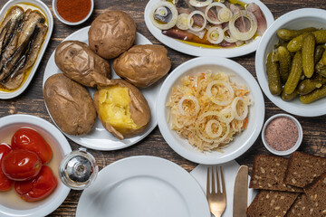Simple rustic ukrainian food on wooden table, close up, top view.