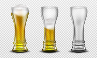 Tall glass full of beer, half full and empty. Vector realistic set of clear mug with gold frothy drink with white foam and bubbles. Mockup of glass with lager beer isolated on transparent background