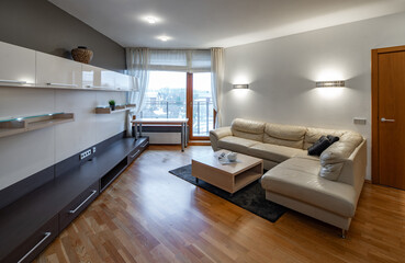 Interior of modern studio apartment. Leather couch. Coffee table.