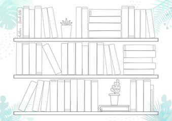 Printable A4 paper sheet with bookshelves and books on background with tropical leaves. Minimalist planner of reading for journal page, habit tracker, daily planner template, blank for notebook.