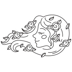 Girl logo. Beautiful hair with roses. Beauty