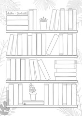 Printable A4 paper sheet with bookshelves and books on background with tropical leaves. Minimalist planner of reading for journal page, habit tracker, daily planner template, blank for notebook.