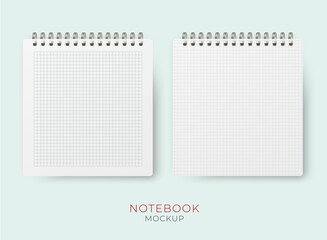 Realistic vector vertical notebook mockup with squared paper sheet. Spiral notepad blank mockup.