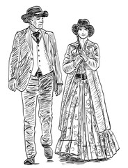 Sketch of couple in vintage costumes of Wild west