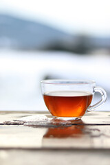 cup of tea on wooden table
