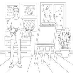 Doll artist with easel in workshop, coloring page for kids and adults, simple vector illustration