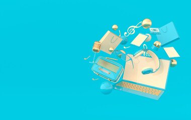 Laptop, smartphone, shopping bag, glasses, microphone, radio, headphones 3d rendering.  Remote work, stay at home, leisure and hobby on isolation symbols