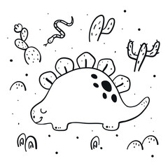 Cute dinosaur in a desert . Coloring page - 410417198