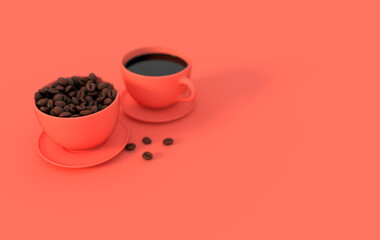 Cup of coffee and realistic coffee beans, 3d rendering background. Masses of coffee beans close up. Pastel colors