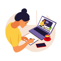 Girl study at computer. Online learning concept. Video lesson. Distance study. Can use for web banner, infographics, hero images. Vector illustration. Flat style.